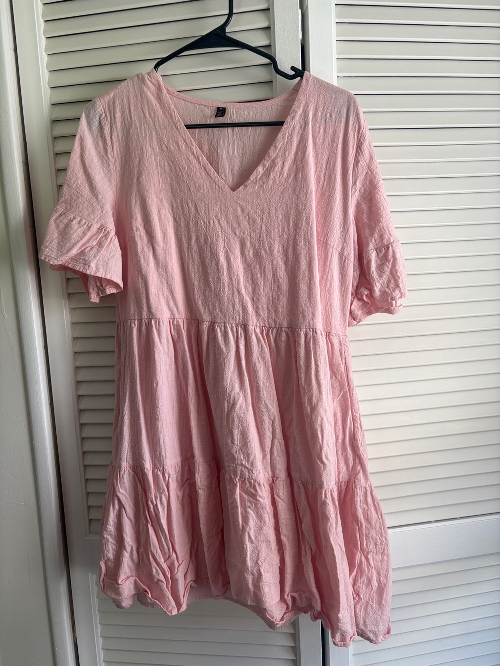 Linen Light Pink V-Neck Tiered Women's Dress